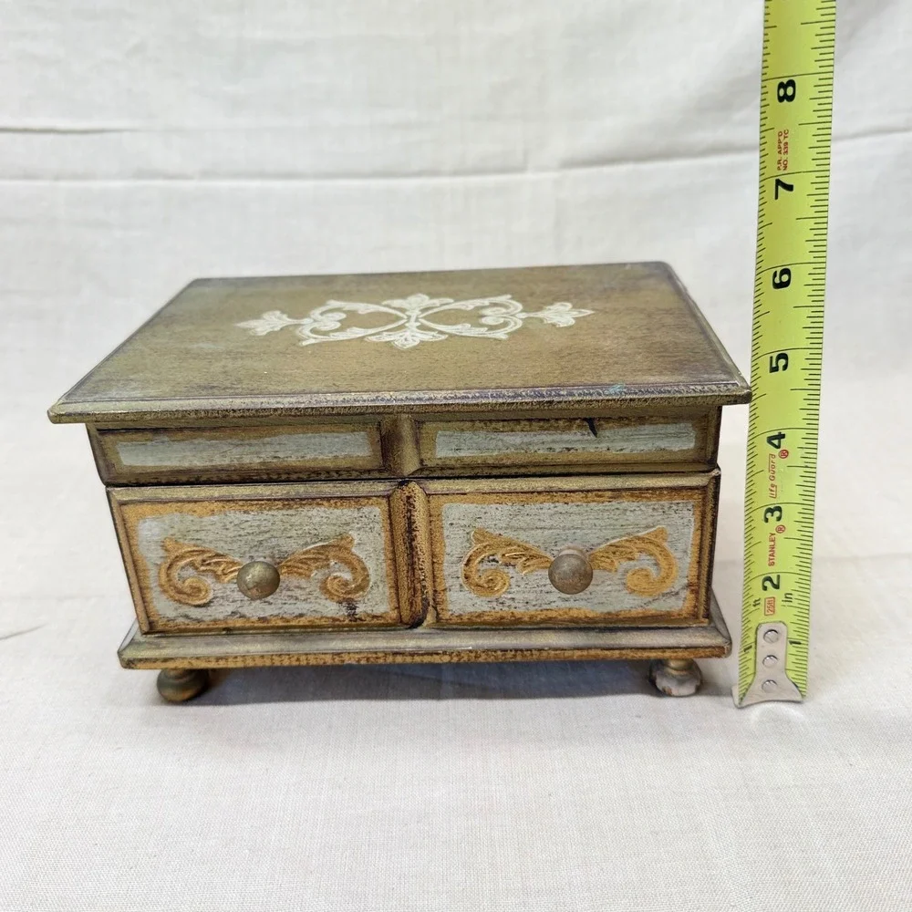 Vintage Italian Florentine Jewelry Box Gold Gilt Wood Red Velvet Mirror Trinket
